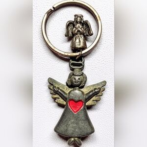 Vtg Pewter Angel Keychain with Red Heart + Ganz angel Nano figurine 1950s